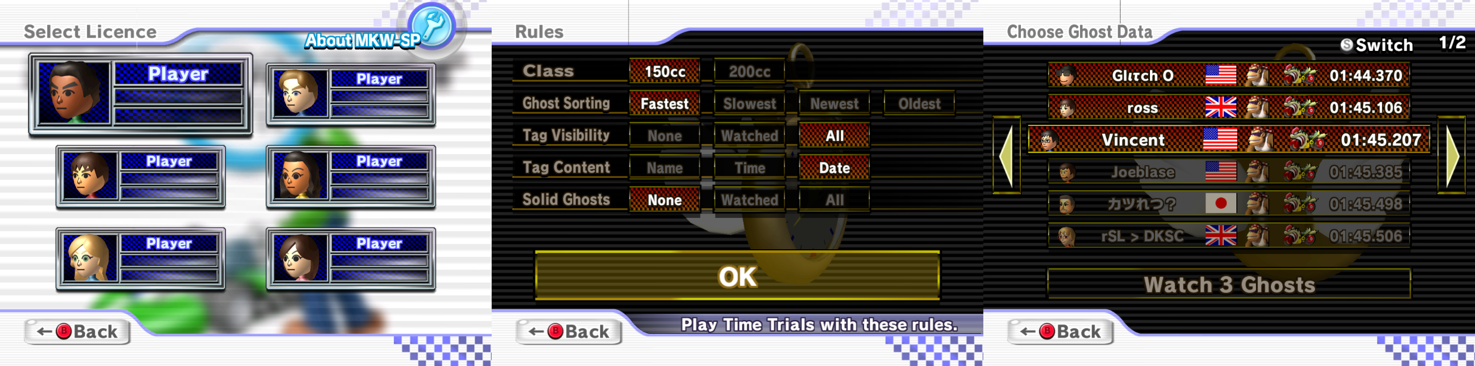 Screenshots of the UI for license selection, time trial rules and ghost selection